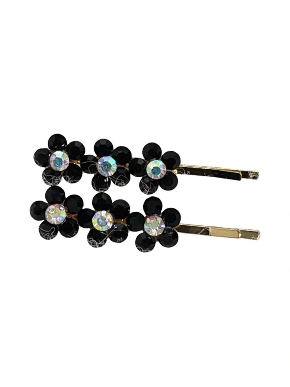 Black Crystal Flower Bobby Pin Set with Gold Accents FINAL PRiCE DROP